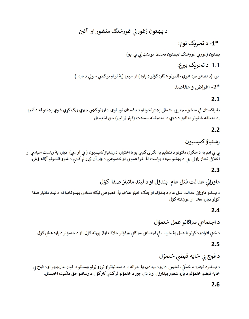 د پښتون ژغورني غورځنګ منشور او آئین